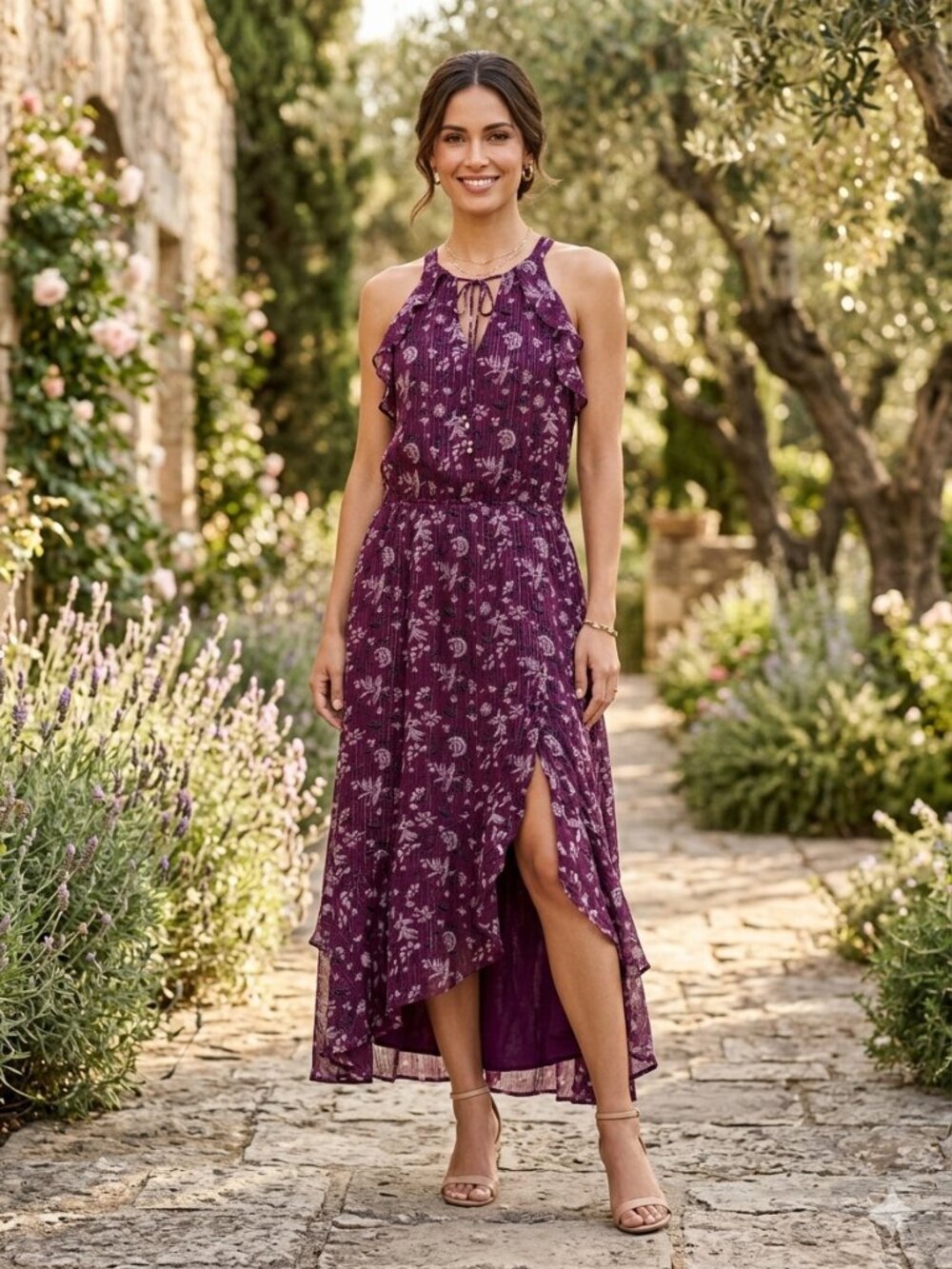 White House Black Market Purple Floral Metallic Ruffle Hi-Lo Maxi Dress 4